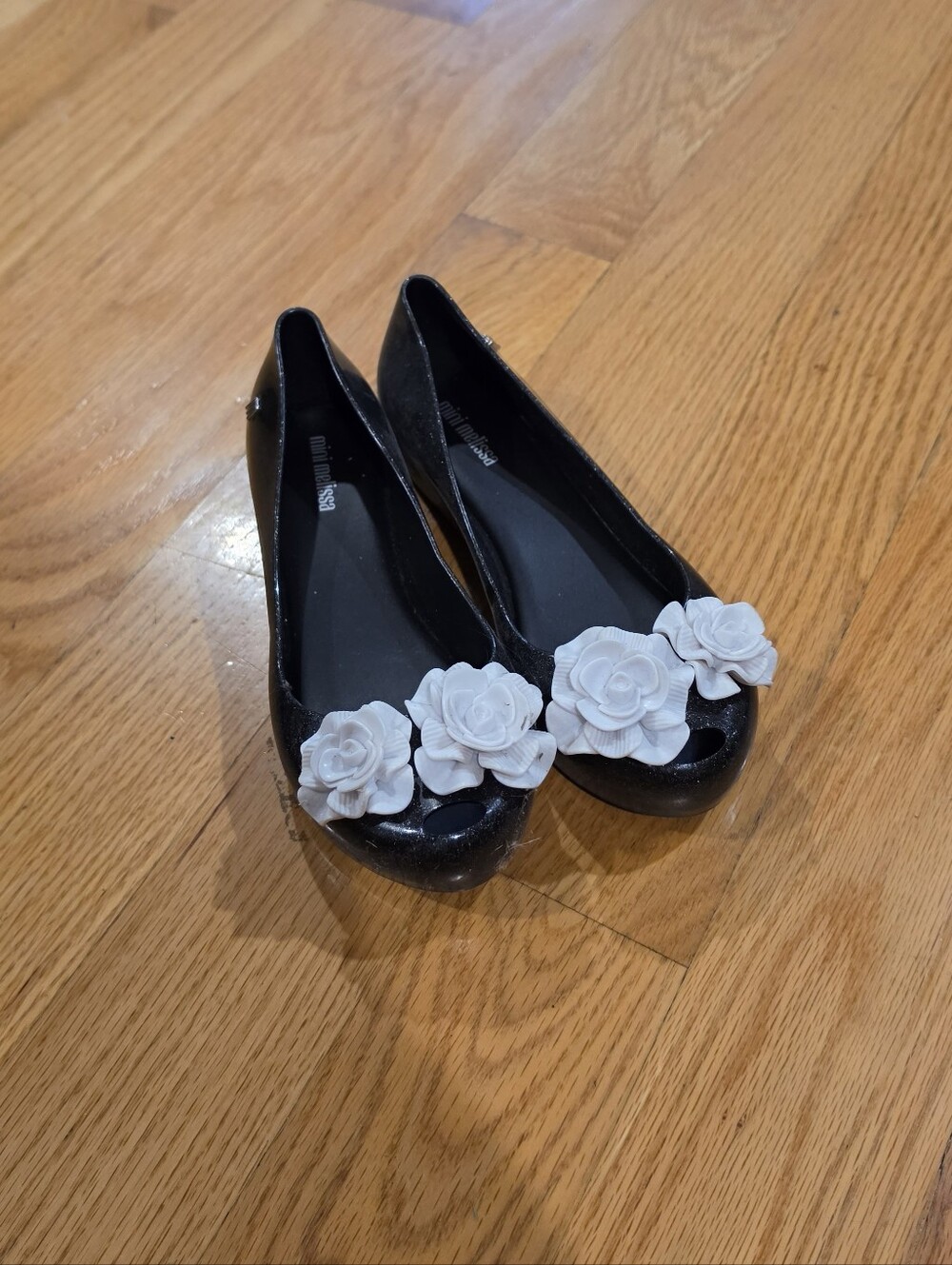 Mini Melissa Ultragirl Garden Black Ballet Flats with White Floral Appliques